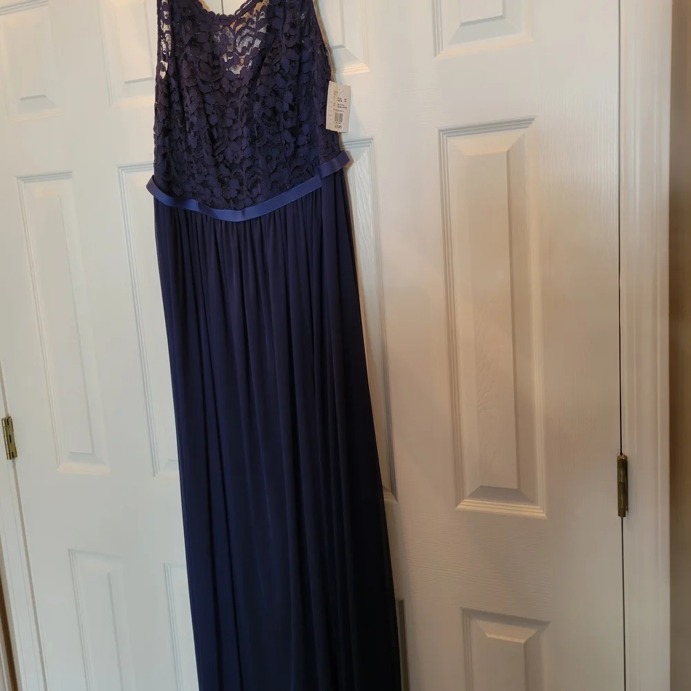 David's Bridal Navy Lace Bodice Maxi with High Slit - Picture 4 of 6